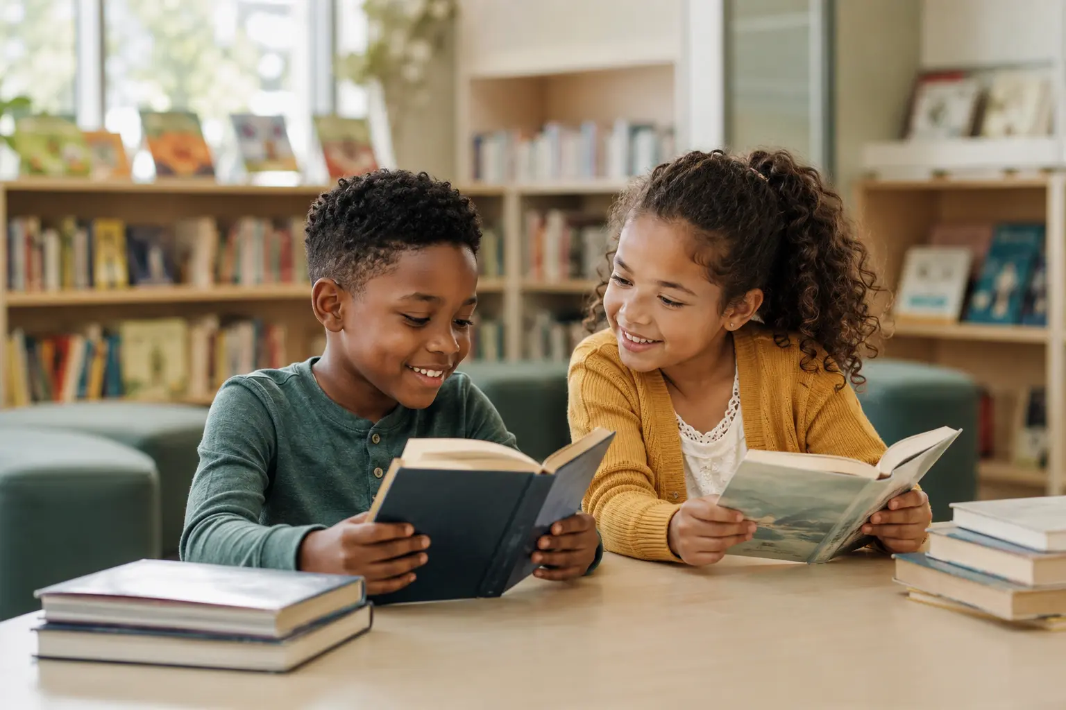 Two students enjoying books together in a library